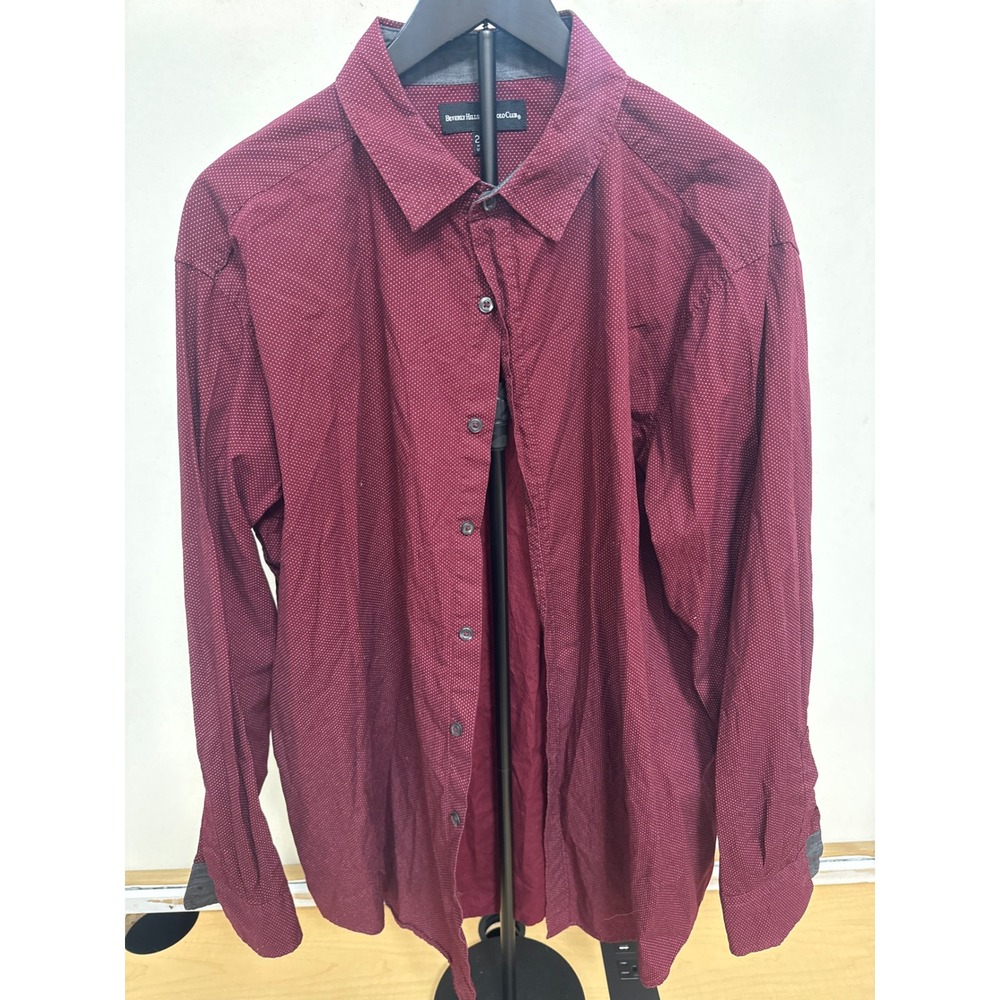 Beverly Hills Polo Club Mens 2XLB Burgundy Polka Dot Long Sleeve Button Down